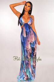 Amethyst Feather Print Cut Out Halter Maxi Dress Hot Miami Styles at Hot Miami Styles