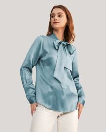 Ann Taylor Blue Satin Tie Neck Top at Lily Silk