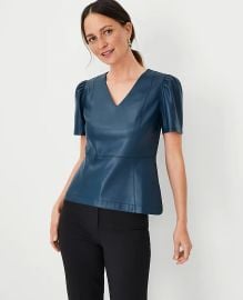 Ann Taylor Faux Leather Puff Sleeve Peplum Top at Ann Taylor