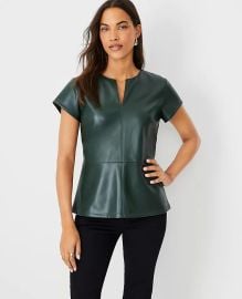 Ann Taylor Faux Leather Seamed Split Neck Peplum Top in Boxwood Green at Ann Taylor