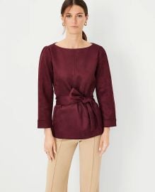 Ann Taylor Faux Suede Mixed Media Belted Boatneck Top in Smoked Garnet at Ann Taylor