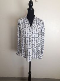 Ann Taylor Popover Blouse SP White Blue Equestrian Long Sleeved Silky Pockets eBay at Ebay