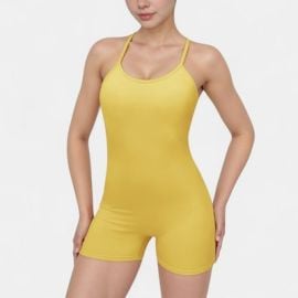 Anna-Kaci Active Womenx27s Spaghetti Strap Active Romper with Scoop Neckline and Fitted Stretch Fabric - Medium Yellow Target at Target