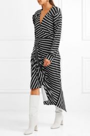 Annabel asymmetric ruched striped stretch-jersey dress by Preen by Thornton Bregazzi at Net A Porter