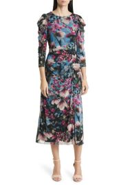 Anne Klein Floral Ruched Long Sleeve Mesh Midi Dress at Nordstrom