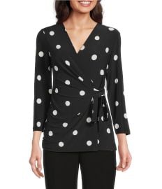 Anne Klein Knit Jersey Polka Dot Print V-Neck 34 Sleeve Faux-Wrap Top Dillardx27s at Dillards