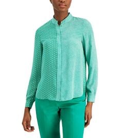 Anne Klein Mixed-Print Covered-Placket Collarless Oxford Top - Macys at Macys