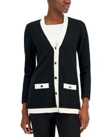 Anne Klein Womens Contrast-Trimmed Cardigan Sweater - Macys at Macys