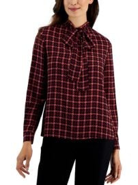 Anne Klein Womens Houndstooth Tie Neck Blouse Shop Premium Outlets at Shop Simon