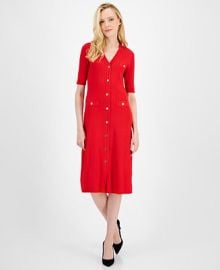 Anne Klein Womens Ribbed Button-Front A-Line Dress - Macys at Macys