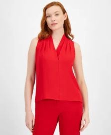 Anne Klein Womens Solid Pleated-Shoulder Sleeveless Blouse - Macys at Macys