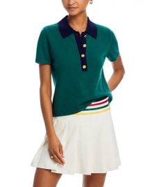 Aqua Contrast Collar Cashmere Short Sleeve Polo Sweater at Bloomingdales