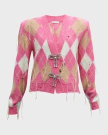 Area Crystal Bow Distressed Argyle Cardigan at Neiman Marcus