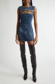 Area Crystal Button Studded Cutout Denim Minidress at Nordstrom