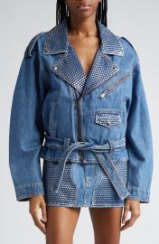 Area Crystal Embellished Belted Denim Moto Jacket at Nordstrom