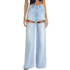 Area Crystal Slit Cotton Denim Wide Legs Jeans at Nordstrom