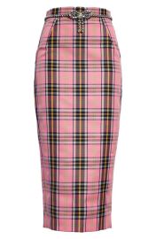 Area Crystal Trim Plaid Midi Skirt in Pink Plaid Size 0 at Nordstrom