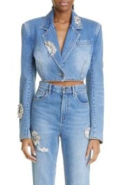 Area Distressed Crystal Detail Crop Denim Blazer at Nordstrom