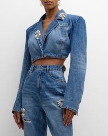 Area Distressed Crystal Detail Crop Denim Blazer at Neiman Marcus