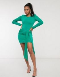 Aria Cove long sleeve ruched tie front mini dress in green at ASOS