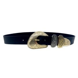 Ariel - Black Leather Belt Engraved Gold Silver Vintage Buckle Set Western | Streets Ahead at Streets Ahead