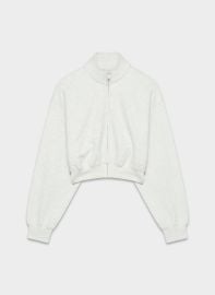 Aritzia Cozy Sweatfleece Boyfriend Mock Crop Zip up in Heather Cloud White at Aritzia