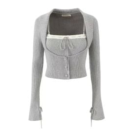 Asiris - Scoop Neck Plain Bow Ribbed Cardigan at Yes Style