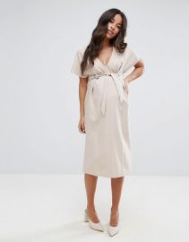 Asos Maternity Plunge Neck Midi Column Dress with Eyelet Detail and Tie at Asos