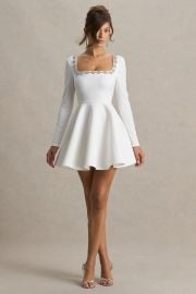 Astonish | White Long-Sleeve Embellished Square-Neck Mini Dress With V at Club L London