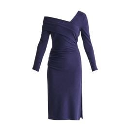 Asymmetric Bardot Dress With Side Split In Navy at Wolf and Badger