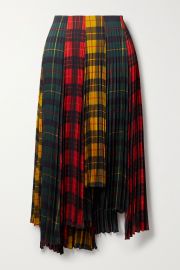 Asymmetric pleated checked twill skirt at Net A Porter