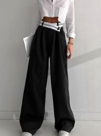 Asymmetrical Contrast Waistband Wide Leg Dress Pants COMMENSE at Commense