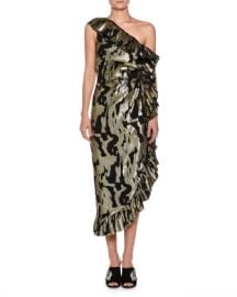 Attico One-Shoulder Metallic-Chiffon Ruffled Cocktail Dress at Neiman Marcus