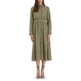 August Sky Womenx27s Point Collar Button Up Belted Shirt Dress Small Green Target at Target