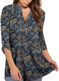 Auriviz Women s Floral Print Tunic Tops V Neck 3 4 Roll Sleeve Shirt Loose Casual Blouse at Amazon