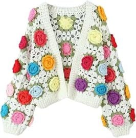 Autumn Winter Womenx27s Hand Crocheted Flower Decorated Short Sweater Holiday Style Crop Top Knit Cardigan Ivory at Womens Clothing store at Amazon