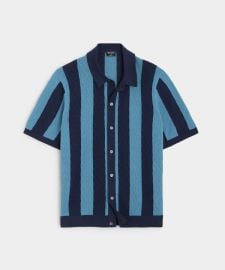 Awning Stripe Full-Placket Polo in Sail Blue - Todd Snyder at Todd Snyder