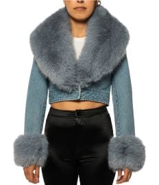 Azalea Wang Gisele-Denim Faux Fur Collared Statement Cropped Jacket Dillardx27s at Dillards