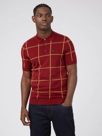 B by Ben Sherman Jacquard Check Knit Polo - Claret at Ben Sherman