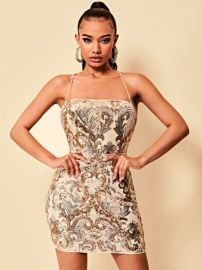 BAE Baroque Sequin Crisscross Backless Bodycon Dress   USA at Shein