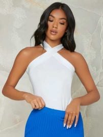 BAE Form-Fitting Crisscross Halter Top   USA at Shein