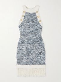 BALMAIN Embellished fringed denim-tweed mini dress NET-A-PORTER at Net a Porter