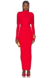 BALMAIN High Neck Pleated Knit Long Dress in Rouge FWRD at FWRD