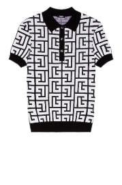 BALMAIN Maxi Monogram Wool Linen Polo Shirt in EAB NOIRBLANC FWRD at Forward