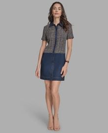 BCBG Women39s Short Sleeve Drop-Waist Tweed Denim Mini Dress - Macy39s at Macys