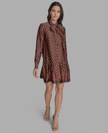BCBG Womens Satin Tie-Neck Long-Sleeve Shift Dress - Macys at Macys