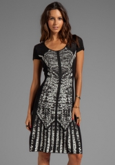 BCBGMAXAZRIA Short Sleeve Printed Dress in Black Combo at Revolve