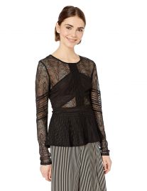 BCBGMAXAZRIA Women s Mixed Lace Peplum Top at Amazon