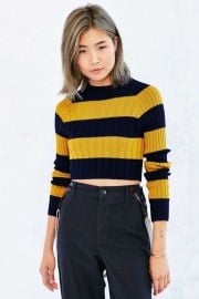 BDG Casey Rib-Knit Cropped Sweater in navy yellow at Urban Outfitters