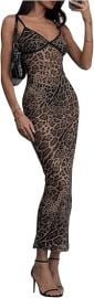 BEAUDRM Women\'s Sexy Cheetah Sheer Dress Y2K Mesh Leopard See Through Bodycon Maxi Dress Going Out Date Party Rave Clubwear at Amazon